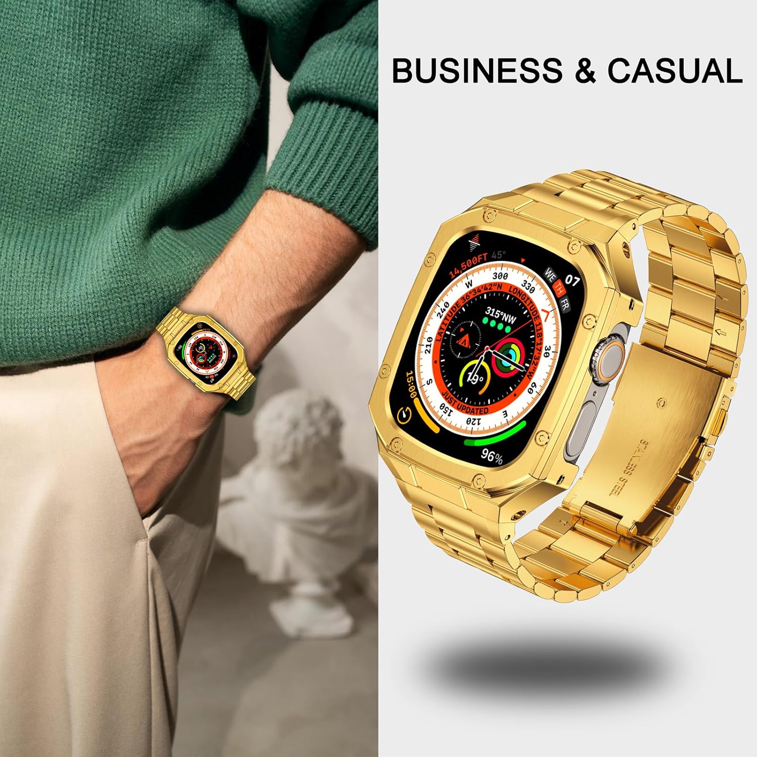 Stainless Steel Watch Band with Case Compatible with Apple Watch Ultra 3 2 1 band (49mm), Rugged Strap with Metal Protective Bumper Cover for iWatch Bands Men (Gold)